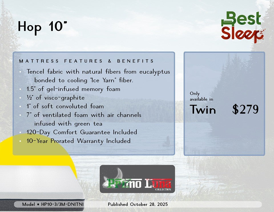 Best Sleep Centre Inc. Mattress Hop 10" Memory Foam Mattress Twin Only