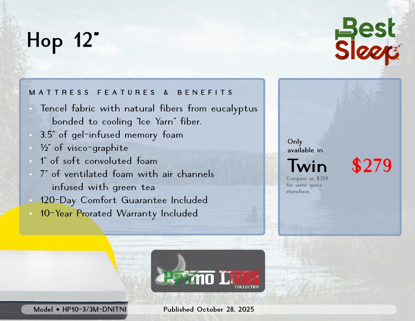 Best Sleep Centre Inc. Mattress Hop 12" Memory Foam Mattress Twin Only