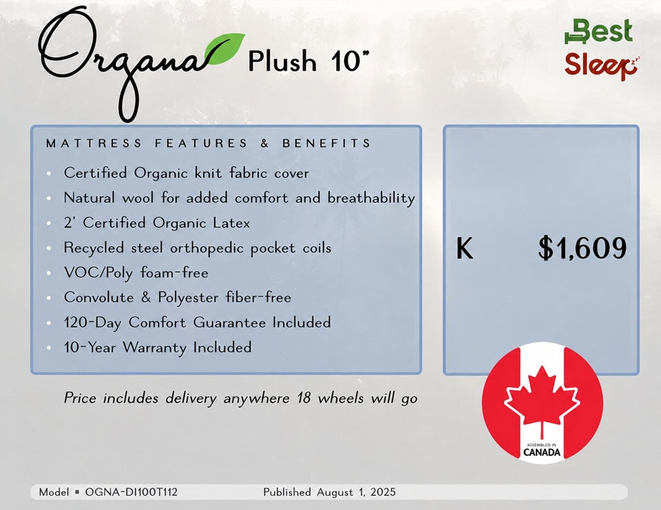 Best Sleep Mattress Organa Plush 10" Organic Mattress