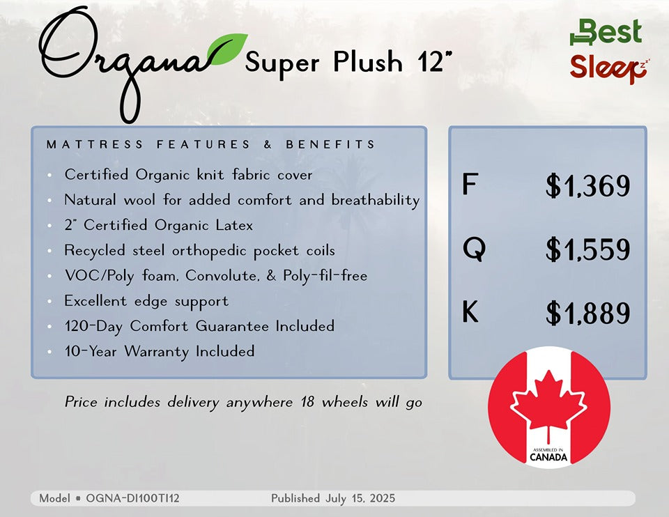 Best Sleep Mattress Organa Super Plush 12" Organic Mattress