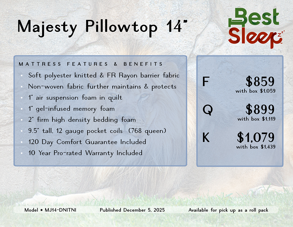 Best Sleep Mattress Majesty Pillowtop Pocket Coil 14" Bed in a Box