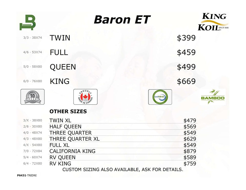 King Koil Mattress Demo/Floor Model Queen Baron Euro Top 9" Floor Model (Queen Only)