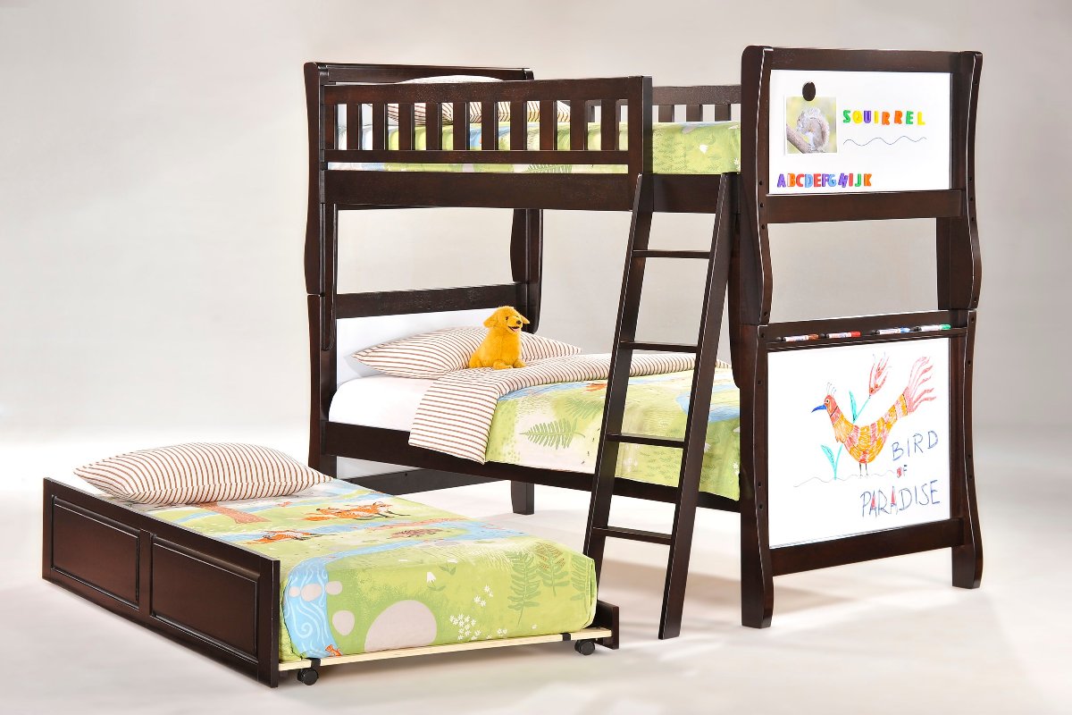 Night and Day Furniture Bunk Beds Bunkbed with trundle bed Scribbles Twin over Twin Hardwood Bunk - Chocolate, In-Stock