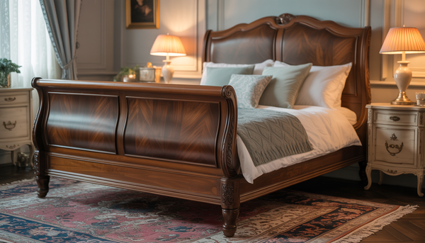 A bedroom with a classic sleigh bed frame and vintage decor, featuring dark wood and warm lighting.