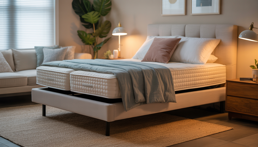 A cozy bedroom with a modern adjustable bed in Manitoba, highlighting comfort and relaxation with warm lighting and decor.