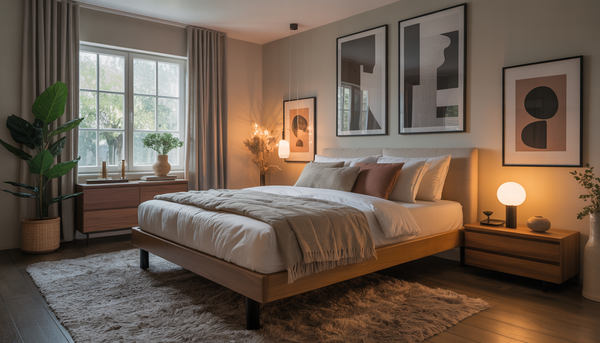 A modern bedroom with a queen size bed, wooden frame, neutral bedding, and ambient lighting.