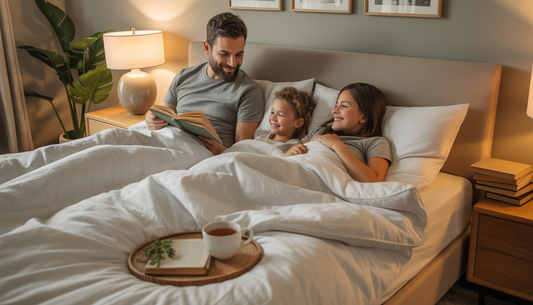 A family enjoying a cozy morning in bed with organic sheets, featuring a relaxing atmosphere with tea and books.