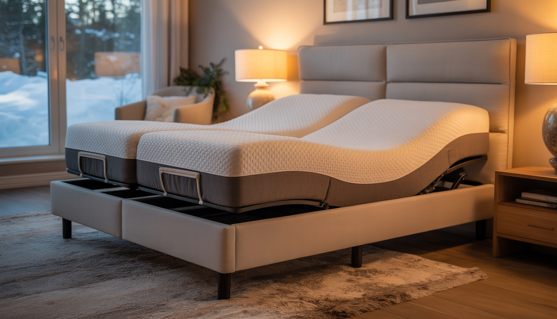 A modern adjustable bed with a memory foam mattress in a cozy Manitoba bedroom, featuring a snowy landscape view.