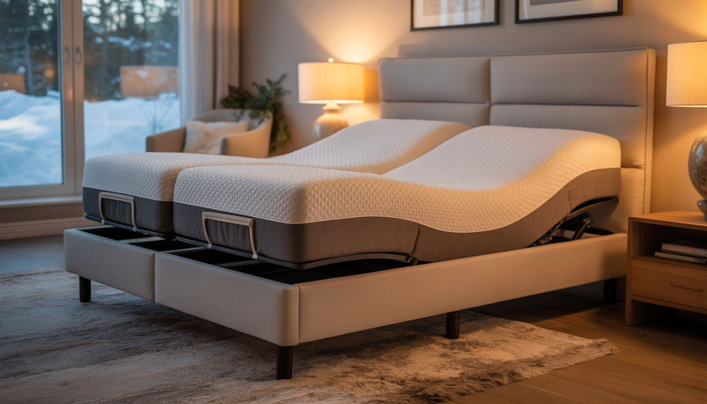 A modern adjustable bed with a memory foam mattress in a cozy Manitoba bedroom, featuring a snowy landscape view.