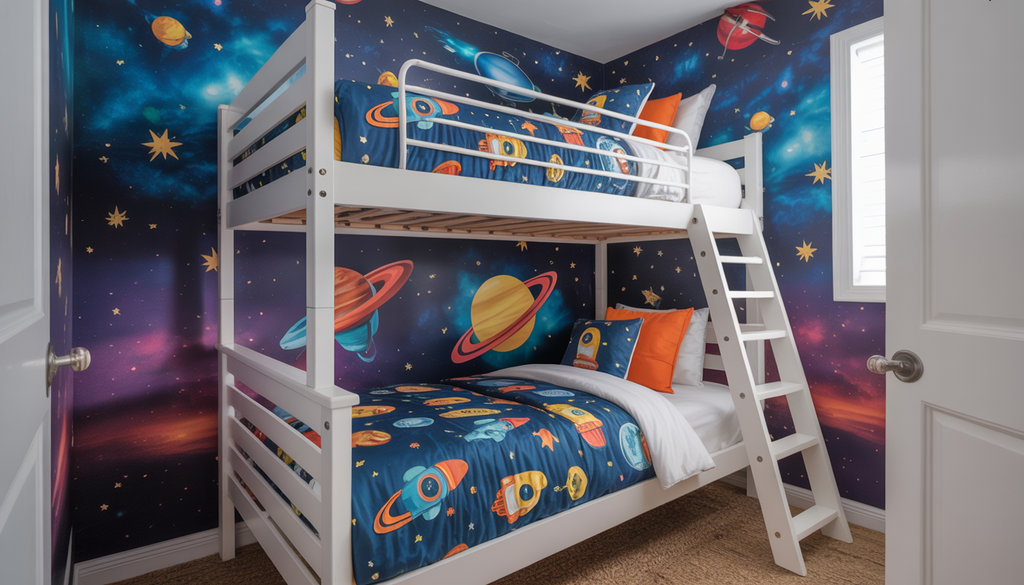 Children's room with a space-themed twin over twin bunk bed and starry wallpaper.