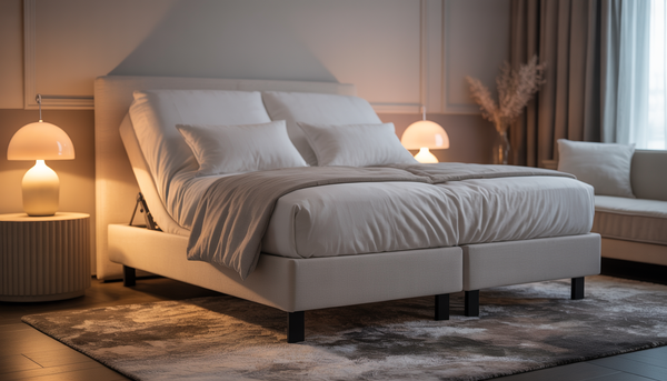 A modern adjustable bed in a serene bedroom, head and foot elevated, with neutral decor and a bedside table.