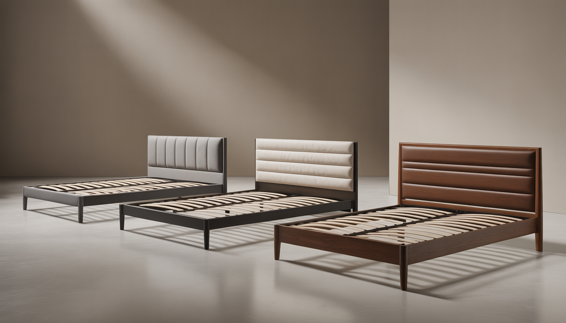 A collection of platform bed frames in wood, metal, and upholstered finishes, displayed against a neutral background.