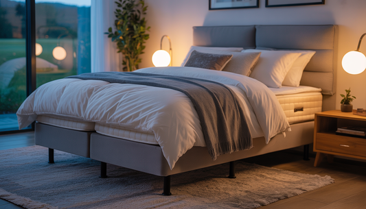 A modern adjustable bed base in a cozy bedroom with soft lighting and plush bedding, positioned near a window with a serene landscape view.
