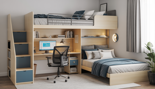 Bunk bed with a loft and desk, showcasing an elevated bed and a workspace underneath, suitable for small spaces.