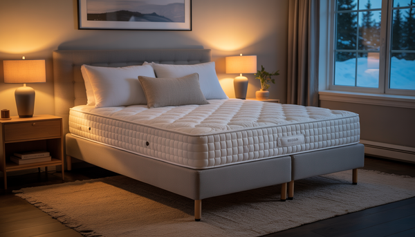 A cozy bedroom in Manitoba with a medium firm mattress, warm lighting, and a snowy landscape visible through the window.