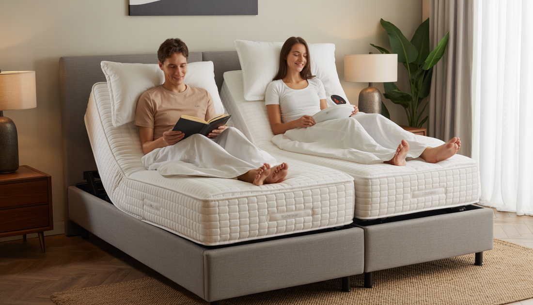 A couple using a split king adjustable bed, with one reading and the other relaxing, illustrating comfort and modern features.