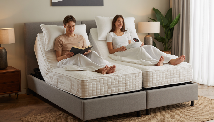 A couple using a split king adjustable bed, with one reading and the other relaxing, illustrating comfort and modern features.