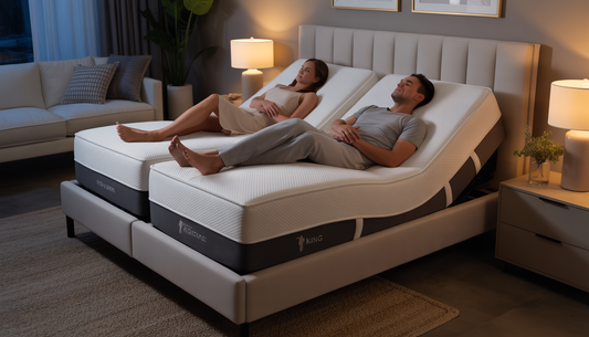 A couple sleeping on an adjustable king split mattress, one side elevated, in a modern, softly lit bedroom.