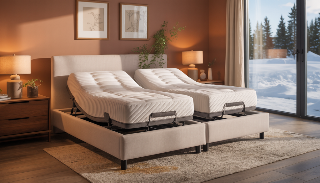 A warm bedroom with an adjustable mattress base, a snowy landscape visible through the window.