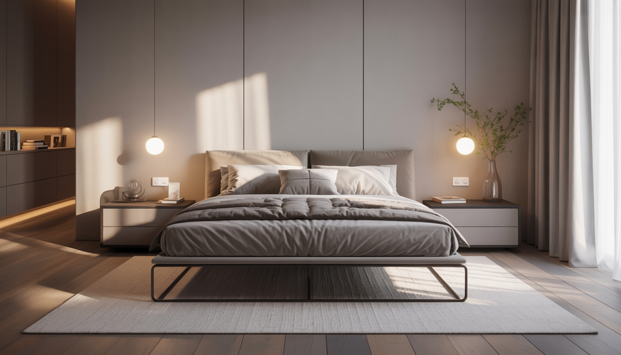 A minimalist modern bedroom with a steel-framed platform bed, contemporary furniture, and soft ambient lighting.