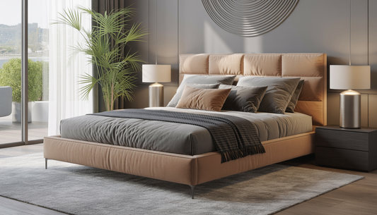 A modern bedroom with an upholstered queen-size platform bed and contemporary decor.