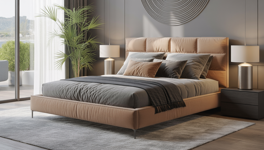 A modern bedroom with an upholstered queen-size platform bed and contemporary decor.