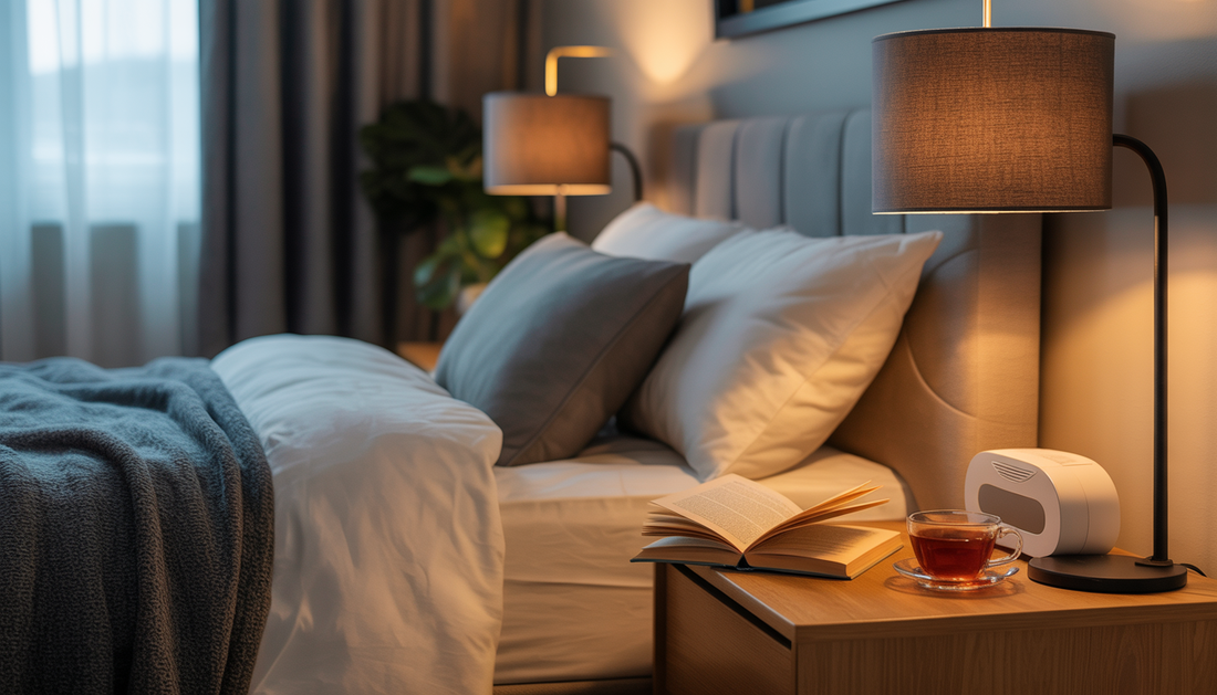 Comfortable bedroom scene with a bed, pillow, book, and tea, illustrating tips for a relaxing bedtime routine.