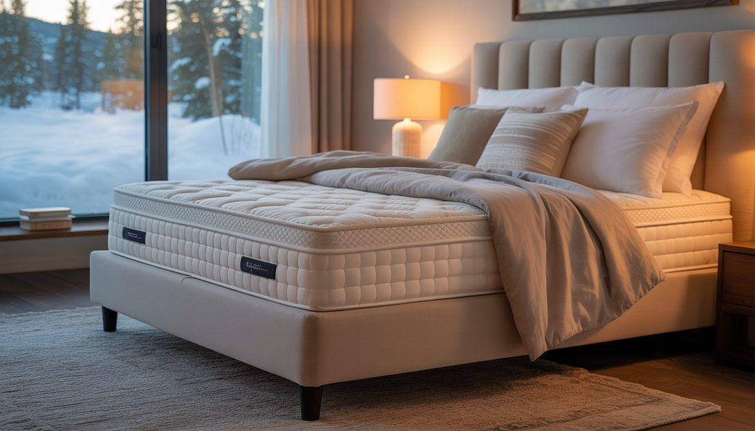 A cozy bedroom featuring a firm memory foam mattress, with soft bedding and a snowy Manitoba landscape visible through a window.