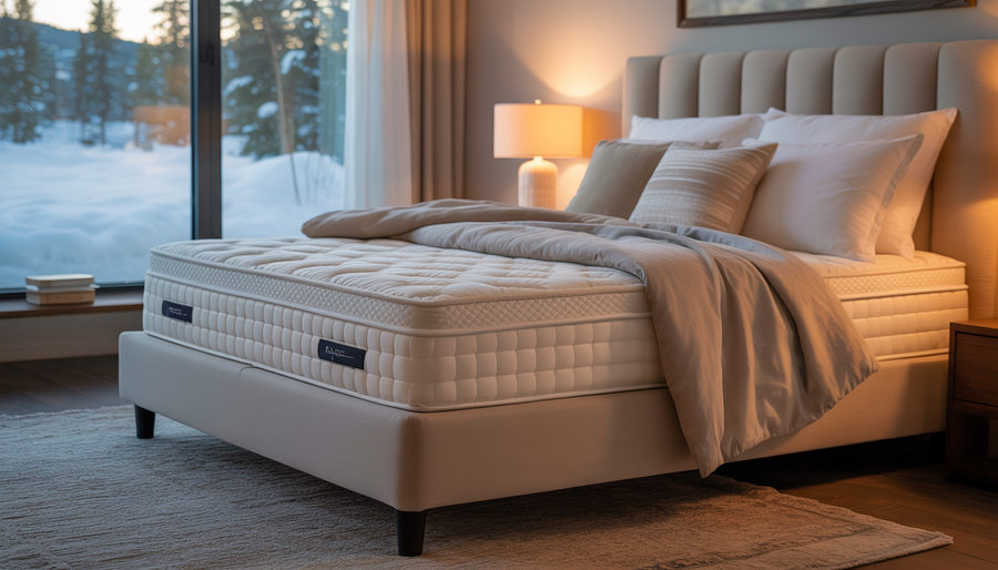 A cozy bedroom featuring a firm memory foam mattress, with soft bedding and a snowy Manitoba landscape visible through a window.