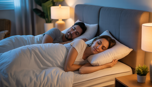 A couple sleeping peacefully with cooling pillows in a cozy bedroom, showcasing comfort and support in a warm atmosphere.