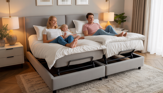 A family relaxing on a king size adjustable bed with dual controls in a stylish bedroom.