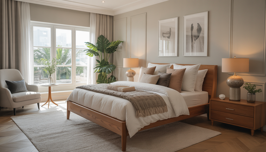 A king-size solid wood bedframe with luxurious bedding in a spacious, elegantly decorated bedroom.