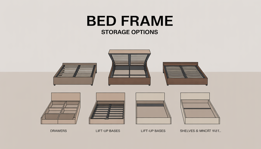 Illustration showing different bed frame storage options like drawers, lift-up bases, and shelves.