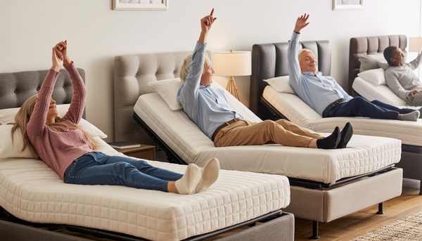 A diverse group of people using electric adjustable beds in a showroom, highlighting inclusivity and different bed features.
