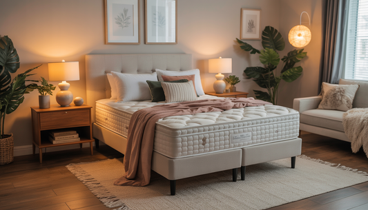 A cozy Manitoba bedroom with a queen mattress from Best Sleep Centre, styled with inviting bedding and warm lighting.