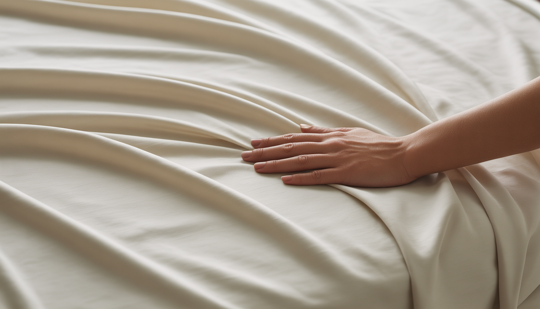 Close-up of off-white organic bamboo bed sheets with a gentle hand resting on them, showcasing the smooth texture and subtle sheen.