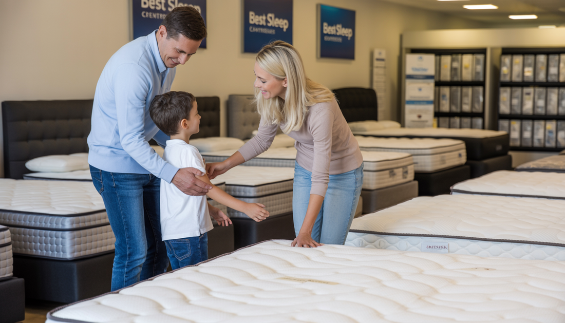 Family shopping at Best Sleep Centre with a store associate, surrounded by various twin mattresses in a welcoming showroom.