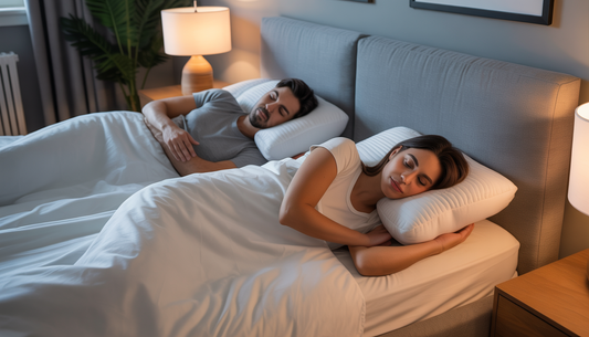 A couple sleeping on their sides with supportive pillows in a modern, minimalist bedroom.