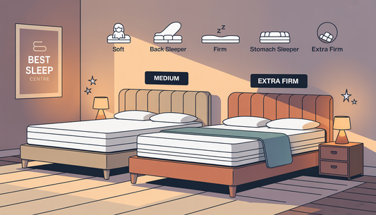 A cozy bedroom displaying four mattresses labeled soft, medium, firm, and extra firm, each with icons for side, back, stomach, and generic sleepers. The room features warm lighting, a Best Sleep Centre poster, and a bedside table with a glowing lamp.