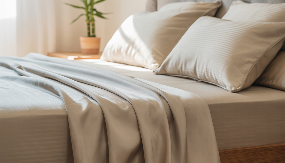 A bedroom with bamboo sheets and a bamboo plant, showcasing a tranquil and eco-friendly atmosphere.