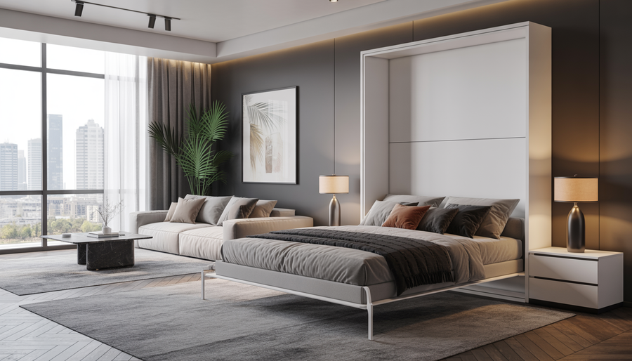 A contemporary bedroom with a Murphy bed folded up, showing an open living space with modern decor.