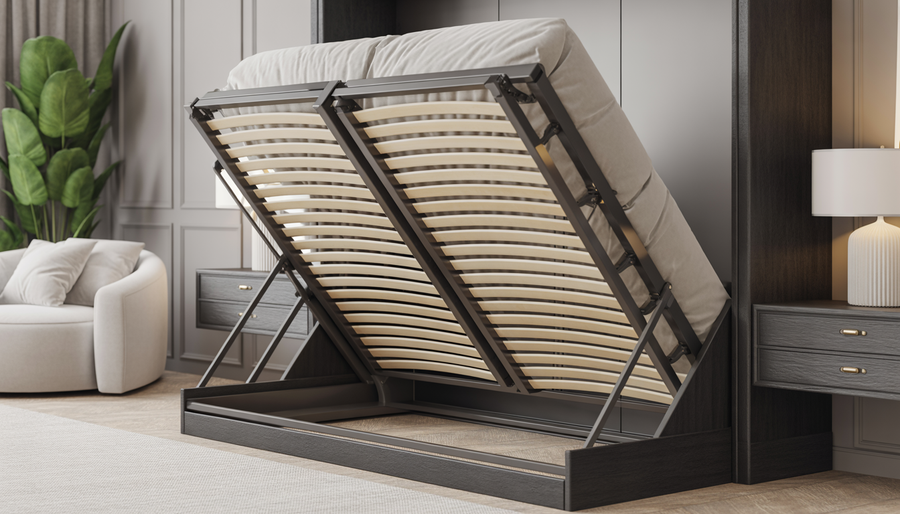 Illustration of a Murphy bed mechanism, partially folded into a wall, showcasing its smooth operation.