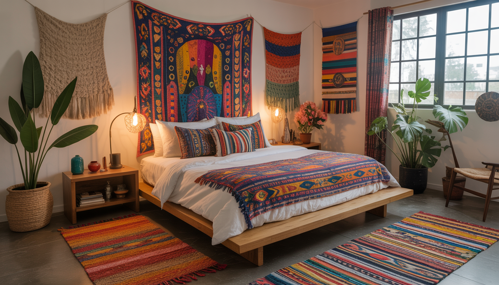 A bohemian bedroom featuring a queen platform bed with vibrant textiles and eclectic decor, offering a personalized and artistic look.
