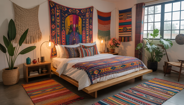 A bohemian bedroom featuring a queen platform bed with vibrant textiles and eclectic decor, offering a personalized and artistic look.