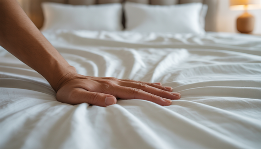 Close-up of a hand feeling the texture of an organic cotton bed sheet on a neatly made bed, highlighting comfort and sustainability.