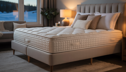 A cozy bedroom with a medium-firm mattress and a view of a snowy Manitoba landscape, highlighting comfort and support.