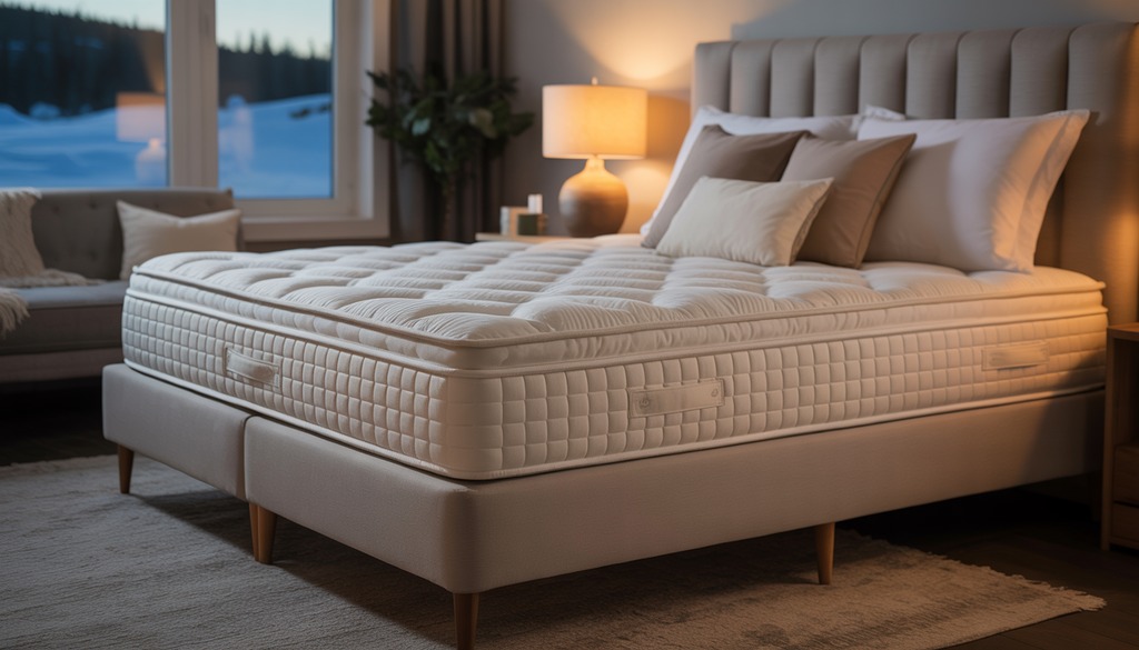 A cozy bedroom with a medium-firm mattress and a view of a snowy Manitoba landscape, highlighting comfort and support.