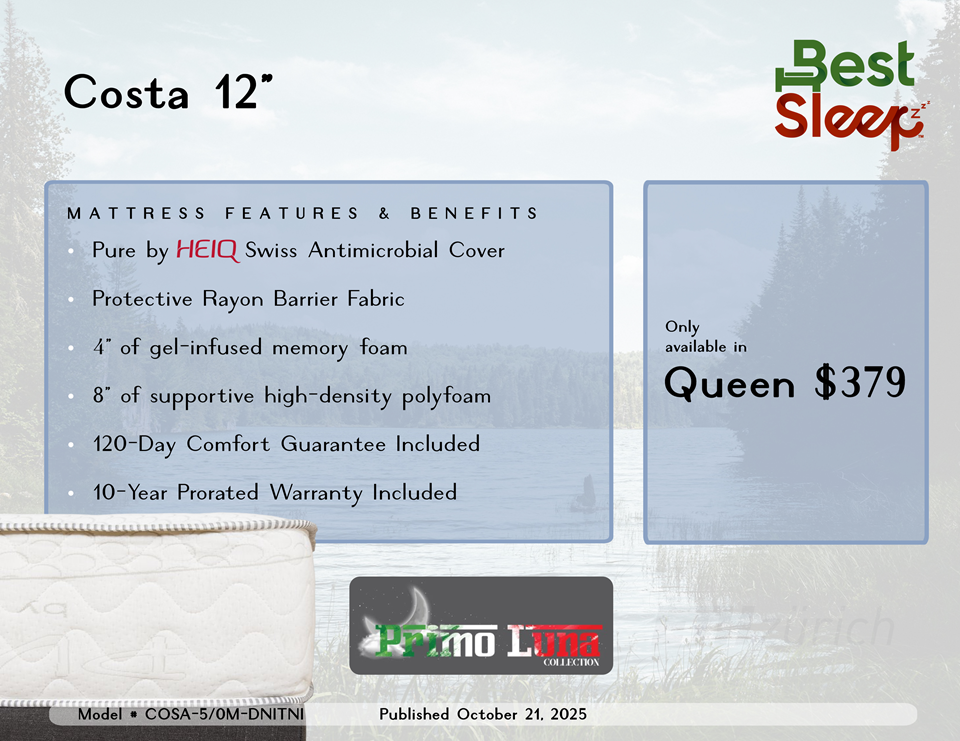 Best Sleep Centre Inc. Costa 12" Gel Foam Mattress Queen Only