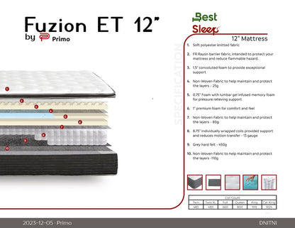 Best Sleep Mattress Fuzion Euro Top 12" Pocket Coil - Bed in a Box