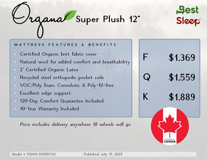 Best Sleep Mattress Organa Super Plush 12" Organic Mattress
